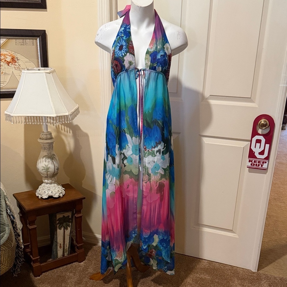 Francesca's Floral Halter Dress/Coverup Sheer. Small/Medium Adjustable - Picture 2 of 9